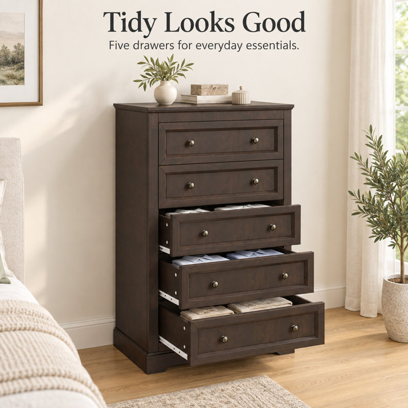 27.6" W Vintage 5-Drawer Dresser with Bronze-Colored Handles -Brown, Brown