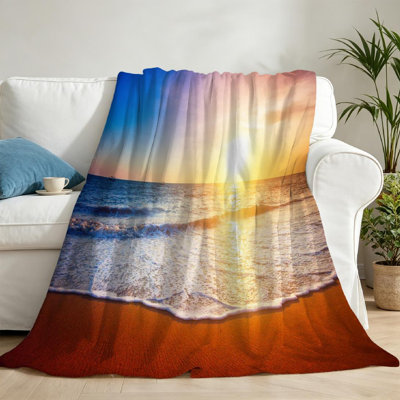 Jeté en flanelle transparente molletonnée, imprimé recto Sunset and Sea Beach
