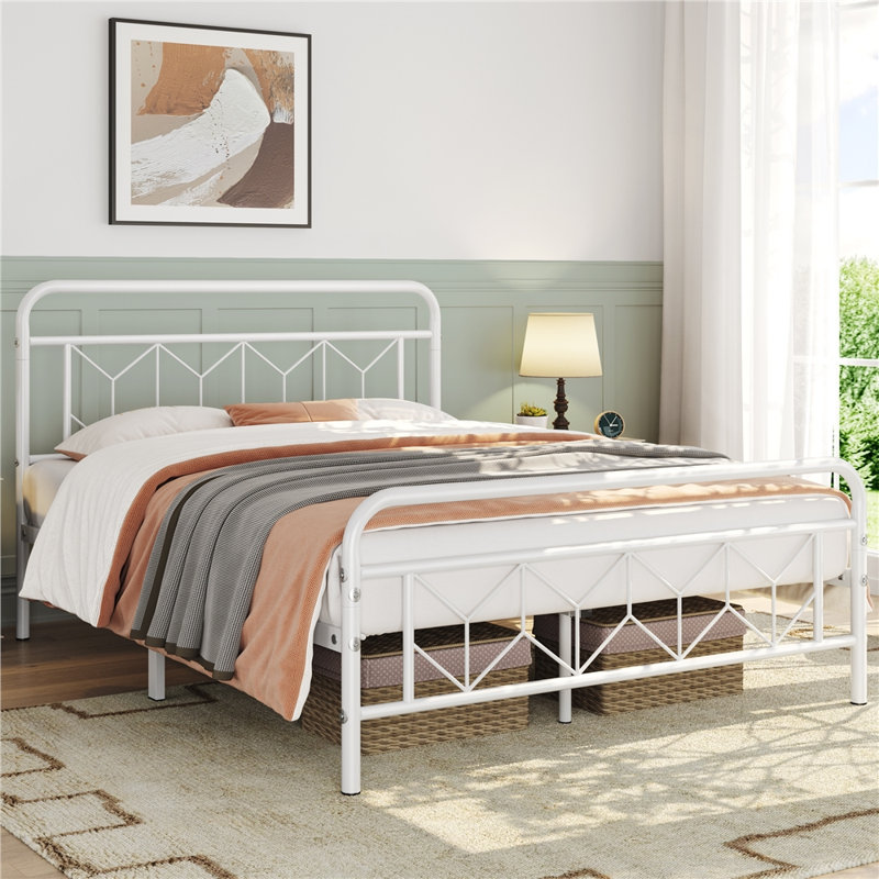 White Queen Metal Platform Bed Frame with Headboard
