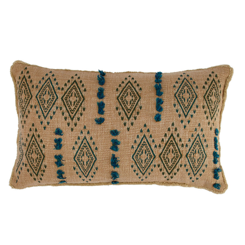 Multicolor Cotton Tufted Embroidered Lumbar Pillow with Fringe