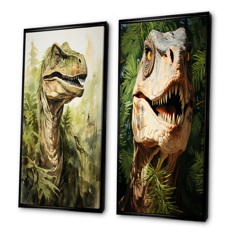Velociraptor vert dans la jungle II - ensemble de 2 reproductions d'art de dinosaures, Cadre noir, H 40 po x l 41 po
