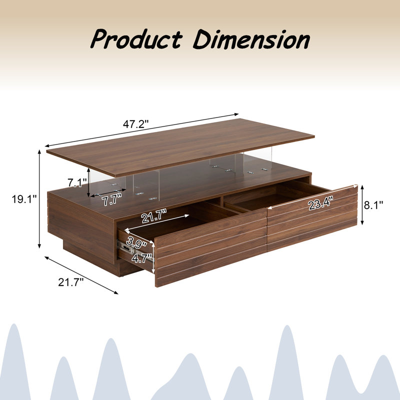 47.2" Modern Rectangular Coffee Table With 2 Drawers And Multi-Color LED Lights, Walnut