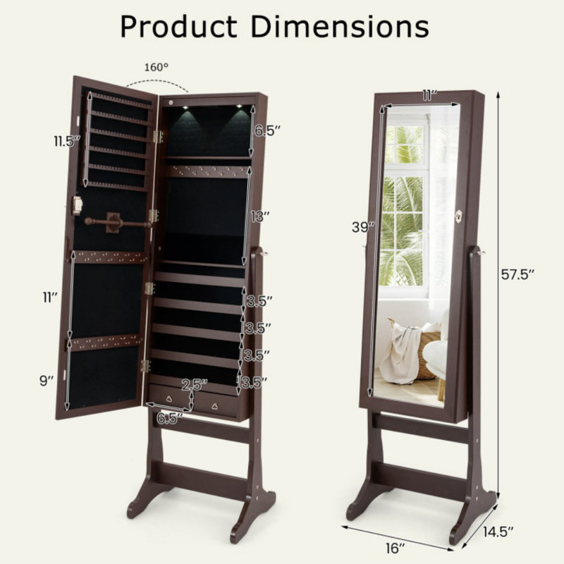 Armoire à bijoux verrouillable à miroir avec support et 2 lumières DEL