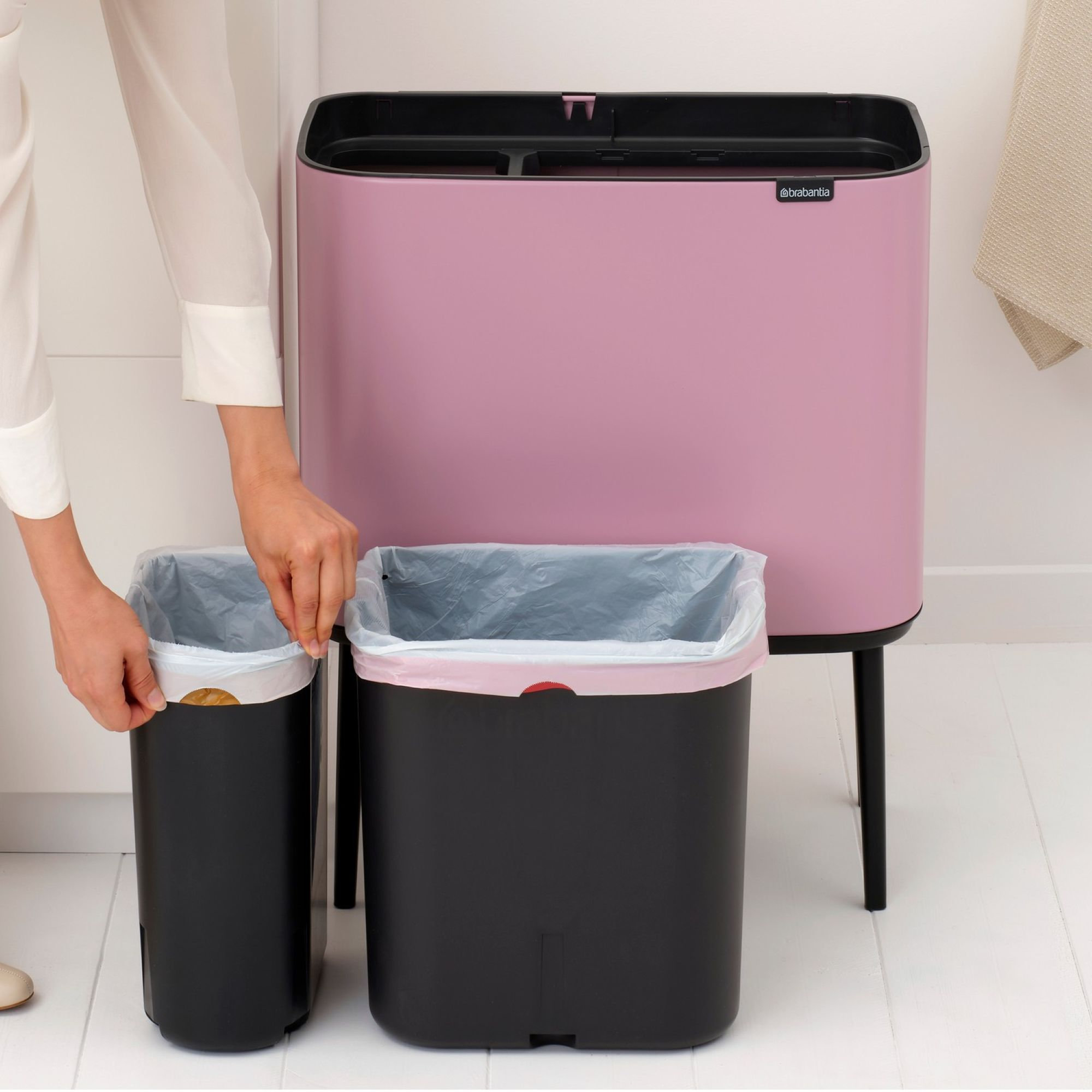 Brabantia Bo Touch Top Dual Compartment Recycling Trash Can, 3 + 6 Gallon (9 Gallon Capacity), Lilac Pink