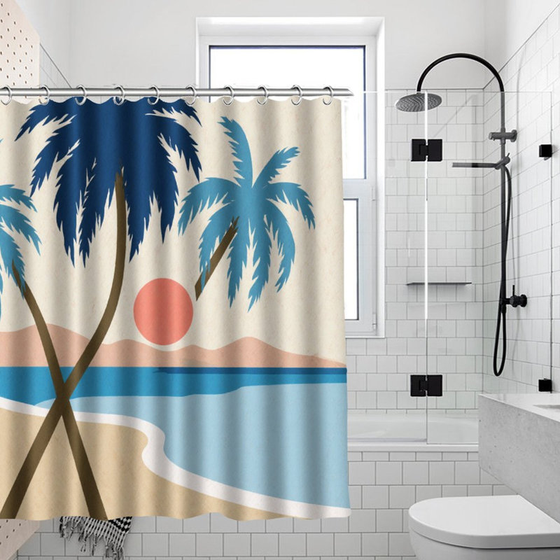 Rideaux de douche Tropical Beach Sunset, 71 × 71, Bleu / rouge / jaune plage tropicale au coucher du