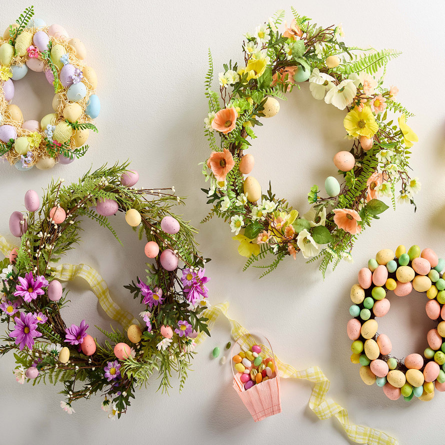 Variety of spring-themed and easter-themed wreaths (florals and easter eggs).