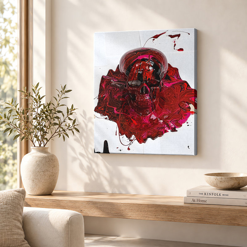 Toile murale abstraite sculpturale de crâne cramoisi, 14"H x 11"W, Toile tendue avec châssis