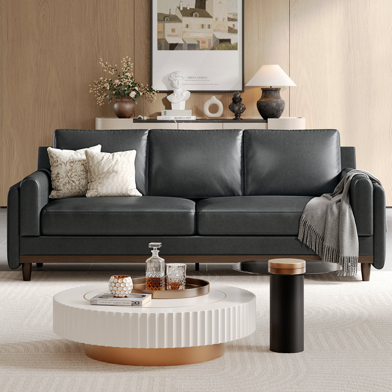 87" Luxury Upholstered Faux Leather Sofa, 3-Seater Couch With Soild Wood Legs For Living Room, Office , Gray Faux Leather