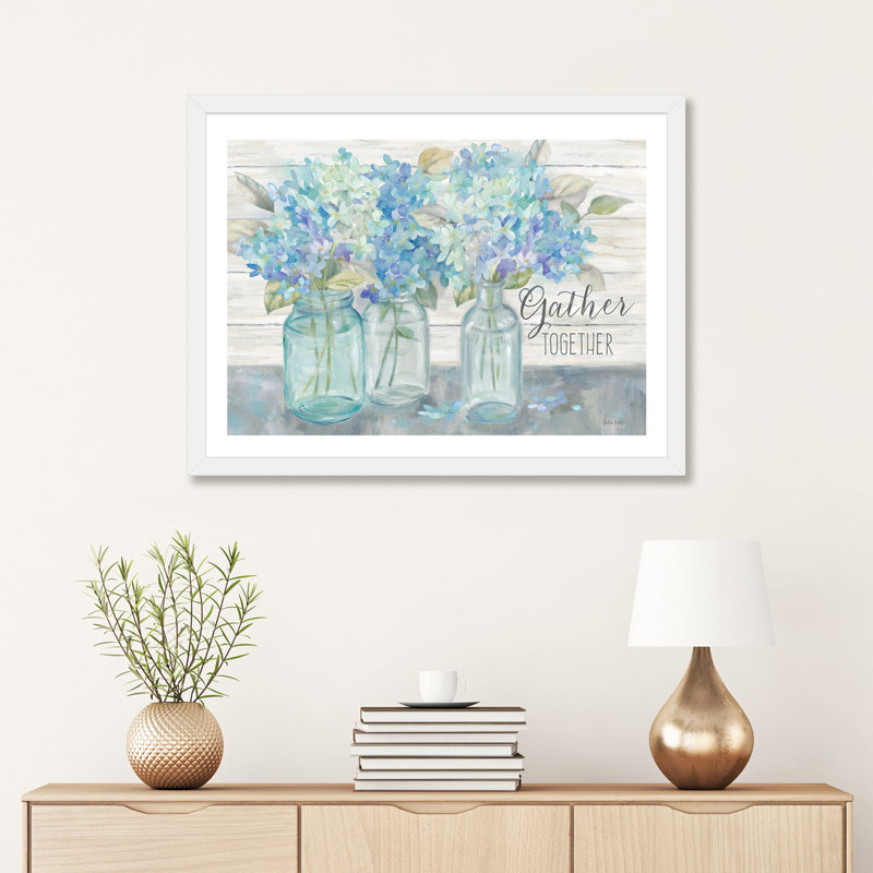 «Farmhouse Hydrangeas in Mason Jars Gather» - reproduction, H 24 po x l 32 po x P 1 po, Papier blanc