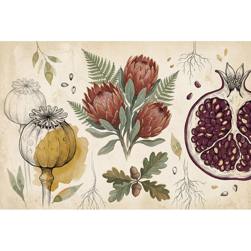 Papier peint botanique rétro avec illustration florale amovible de grenade, 200 po x 120 po, Non tissé