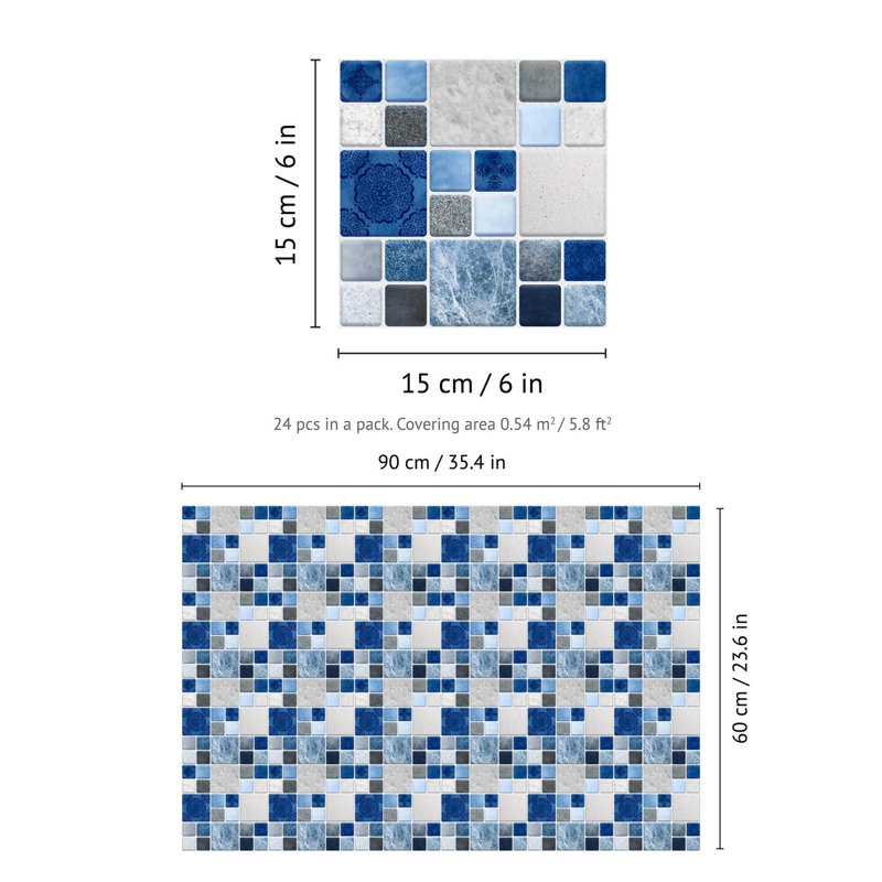 Metallic Self Adhesive Tile Stickers 15cm x 15cm, Beige/Blue/Navy Blue
