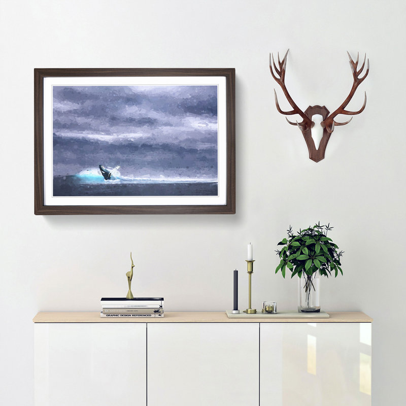 Blue Whale with Ocean Scene in Abstract - Picture Frame Painting Print, Walnut Framed, 36cm H x 48cm W x 2cm D