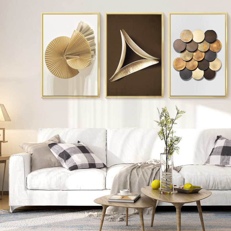 Cadre moderne abstrait encadré - ensemble de 3 reproductions sur toile, H 24 po x l 48 po x P 1,5 po, Or