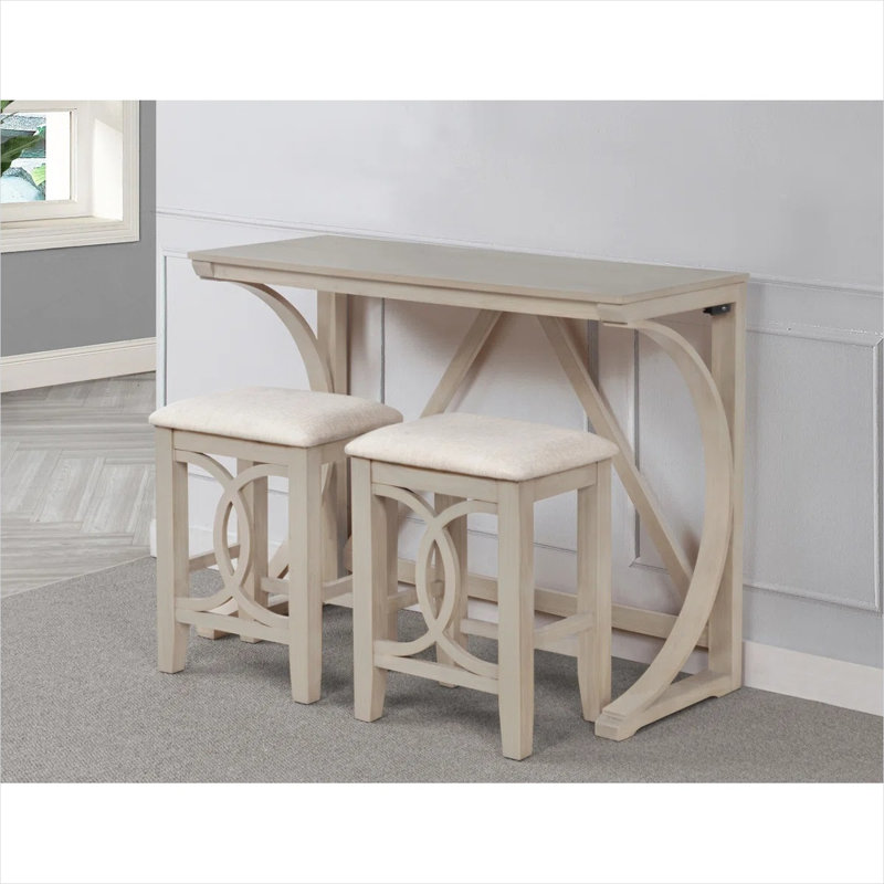 Ensemble 3 pièces à hauteur de comptoir en bois massif blanc classique avec deux ports USB pour petits espaces