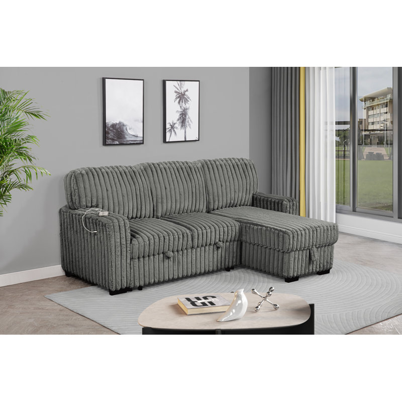2 Piece Corduroy Sectional With Pull Out Sleeper Sofa Bed And Reversible Storage Chaise, Dark Gray Corduroy