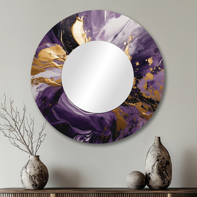 Purple and Gold Liquid Magic II - Abstract Mirror, Modern Round Unique Wall Mirror, Printed Metal Art