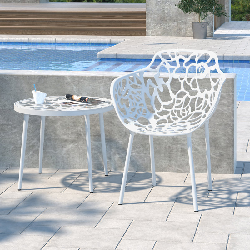 Rabia Side Table with Glass Top Flower Pattern Design and Aluminum Base, White