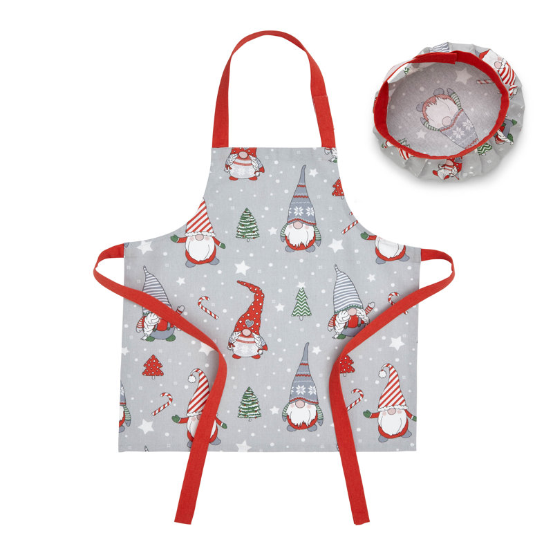 Christmas Gnomes Cotton Kids Apron & Hat Set Grey/Red