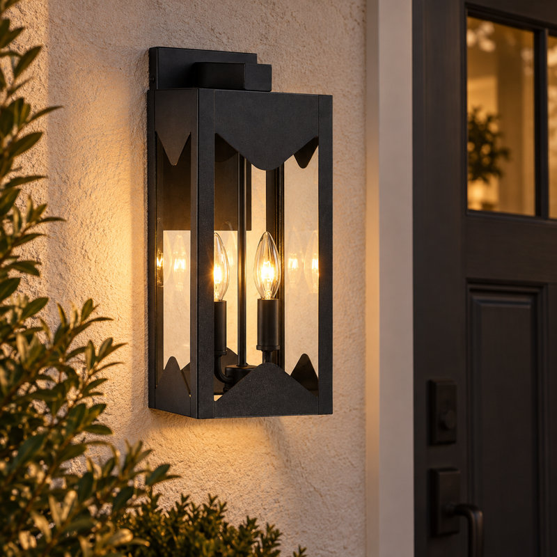 15.35" 2-Light Black Outdoor Wall Lantern with Clear Glass, Modern Weather-Resistant Exterior Wall Light for Porch, Entryway, Garage and Patio