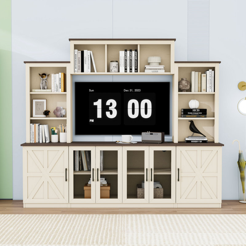Modern Entertainment Center with Ample Storage, Built-In Charging Stations and Cable Management, Beige/Walnut