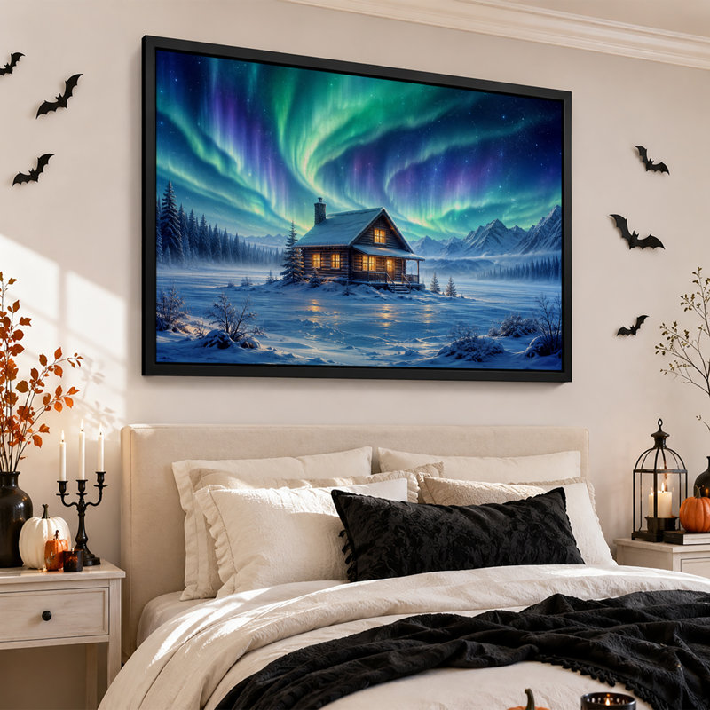 Cabane en bois rond illuminée sous une aurore boréale verte pour l'Halloween - Toile murale, 12"H x 18"W