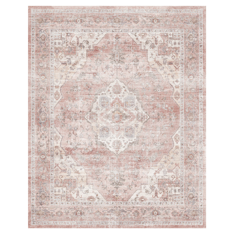Tapis oriental lavable à la machine rose rétro pour le salon, la chambre à coucher, Rose / ivoire / gris