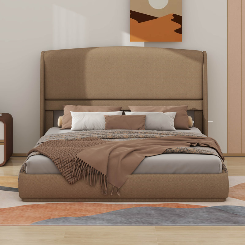 Cadre de lit doux avec tête de lit à oreilles et cadre de lit rembourré avec tête de lit rembourrée, Brown