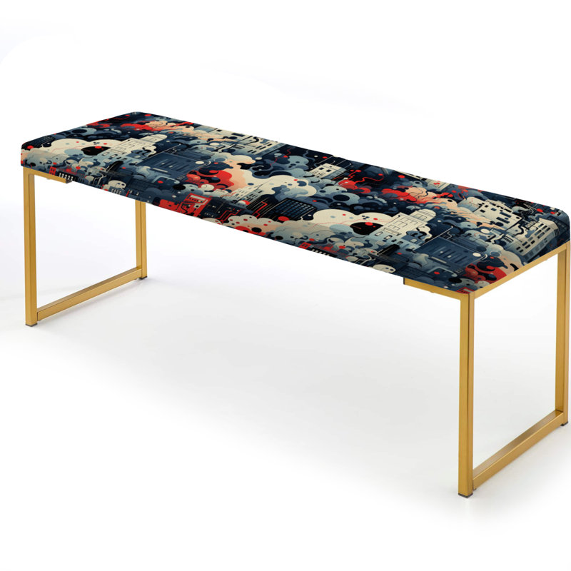 Blue And White Cityscape Pattern - Abstract Upholstered Gold Bench