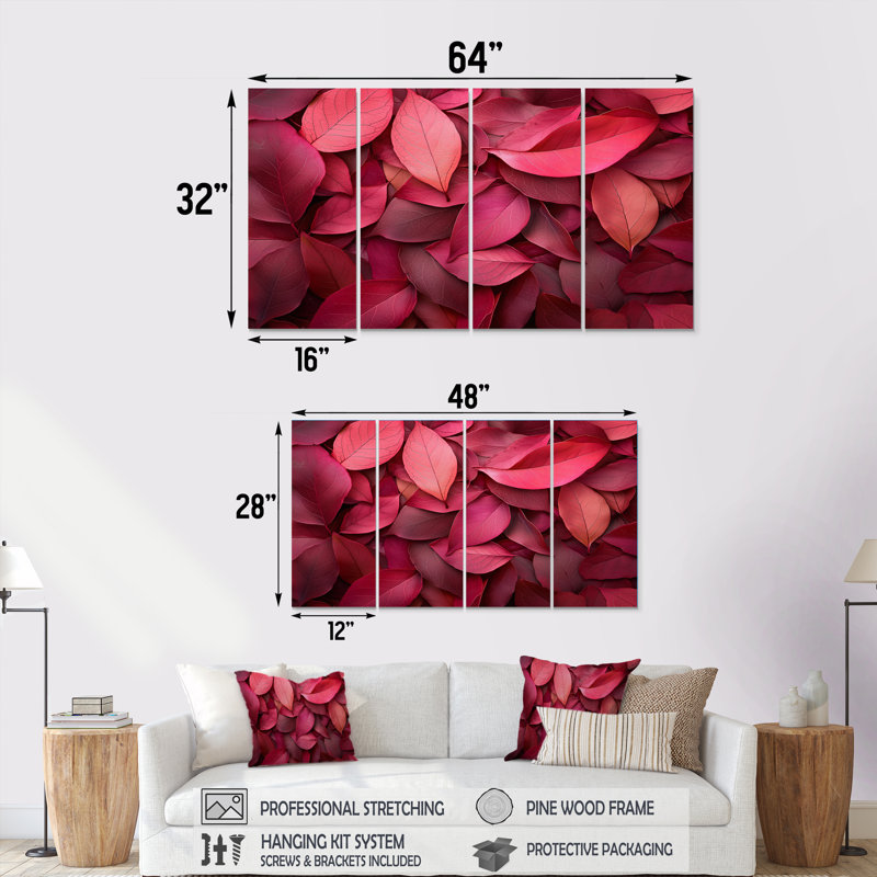 «Crimson Leaves Dancing Ros II» - ensemble de décorations murales traditionnelles, H 28 po x l 48 po, 4