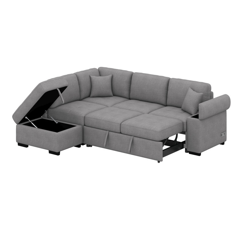 Canapé-lit modulaire avec canapé-lit d'angle en forme de L avec repose-pieds avec rangement et accoudoirs cachés, Gris