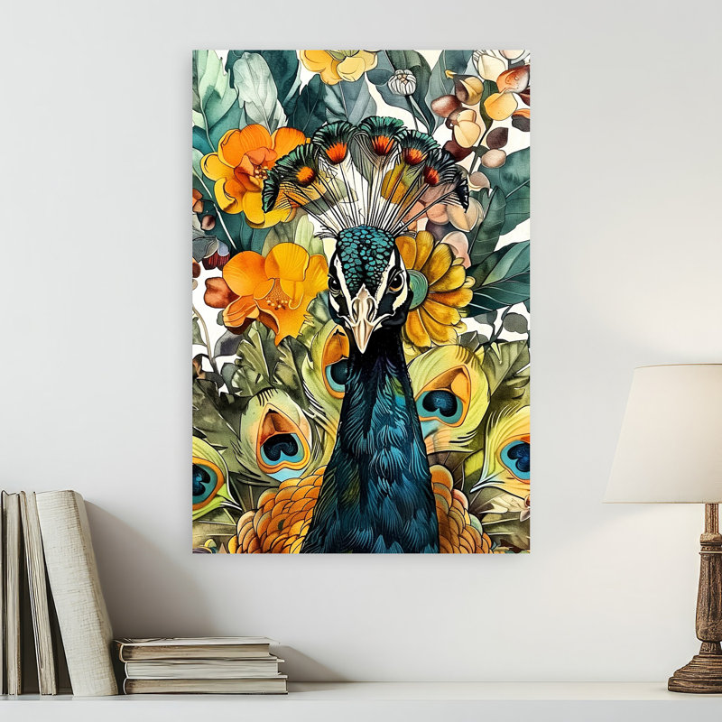Peacock In Bloom Abstract Colorful Vibrant Bird Nature Tropical Wall Art Print 1 Piece Wrapped Canvas Wall Art