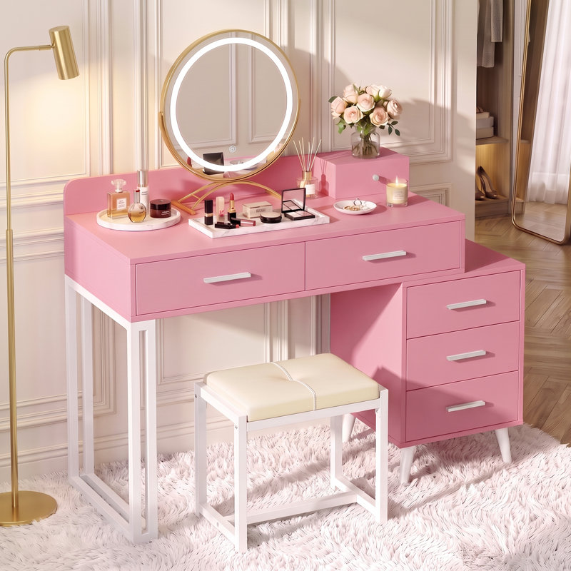 Meuble-lavabo avec miroir et tabouret Foivos, Rose