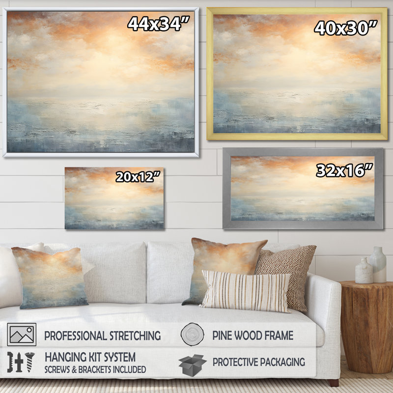 «Beige et Golden Beach Sunset Horizon II», reproduction d'art sur toile plage et océan, Cadre flottant blanc, 24" H x 32" W