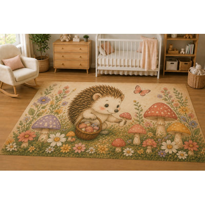 "Ultra Thin" 5' x 7'Baby Hedgehog Mushroom Garden Area Rug for Nursery, Soft Low Pile Indoor Rug with Non-Slip Silicone Backing, Kids Room, Playroom, Kids & Pets, Beige Pastel