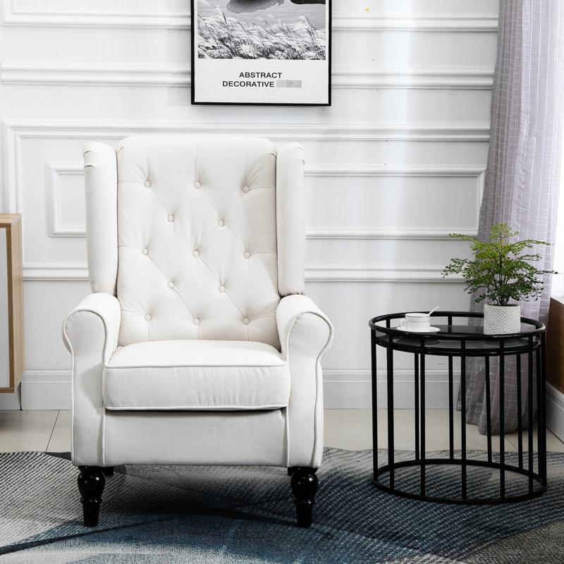 Élégant fauteuil, blanc crème, rehausse l'esthétique de la pièce - Fauteuil à boutons de couleur, pieds carrés, pour la vie