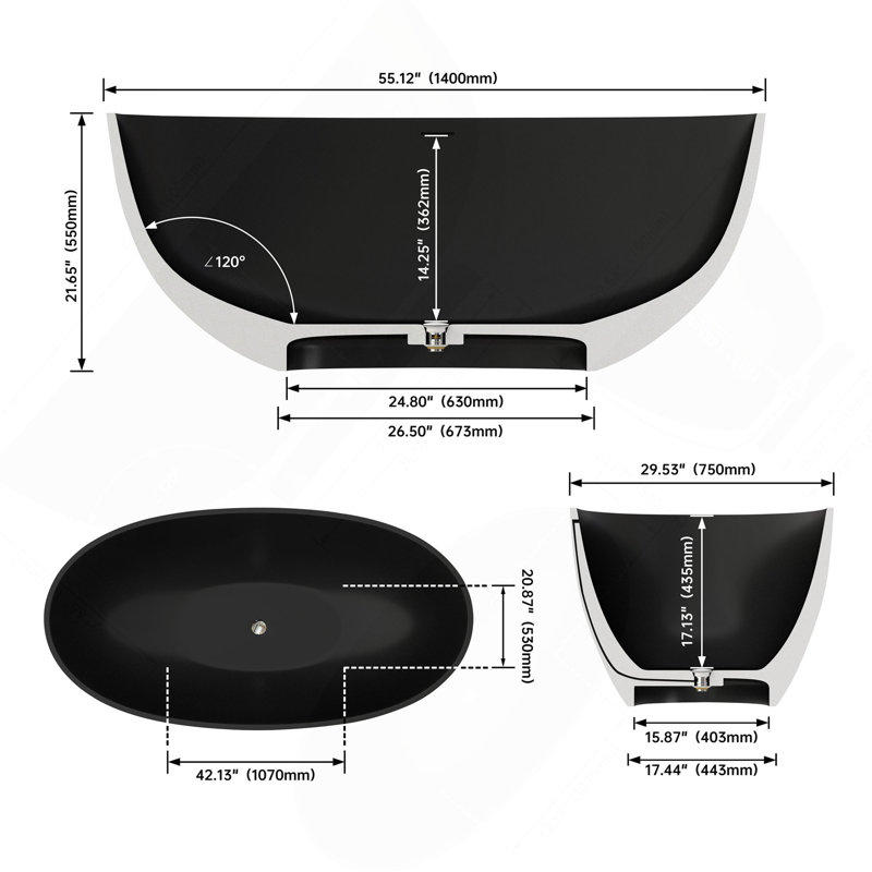55" Premium Solid Surface Deep Soaking Bathtub, Matte Black