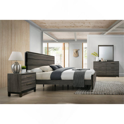 Ioana Antique Grey Finish Wood Bed Room Set, Bed, Dresser, Mirror, Night Stand