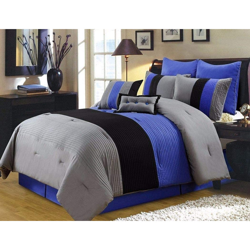 Loft 8-Piece Pleated Stripe Microfiber Comforter Set, Full Comforter + 2 Standard Shams, Gray