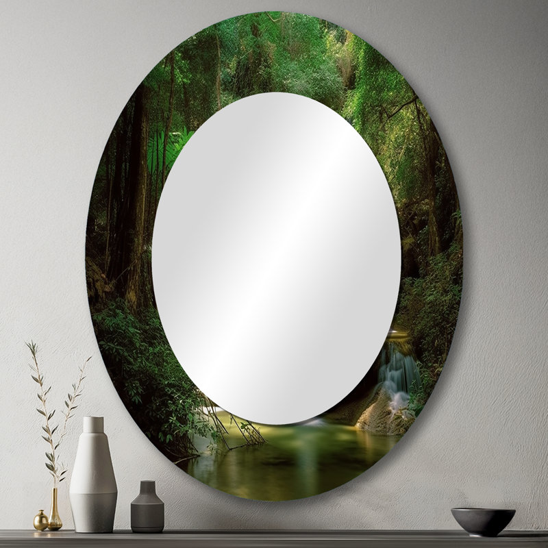 Waterfall In Dense Forest I - Grand miroir mural ovale sur métal, 43 po x 33 po