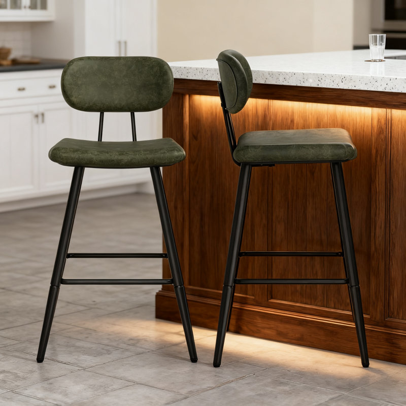 26.75" Leather Counter & Bar Stool with Large Seat and Back, Green