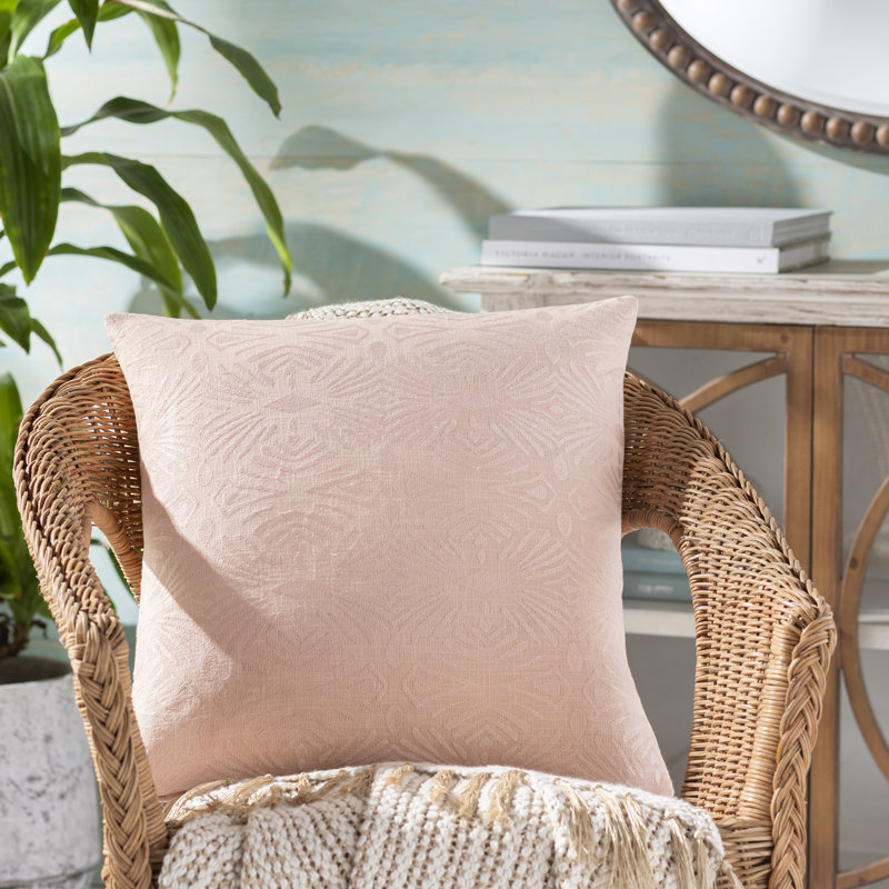 Beige Embroidered Cotton Square Throw Pillow 20" x 20"