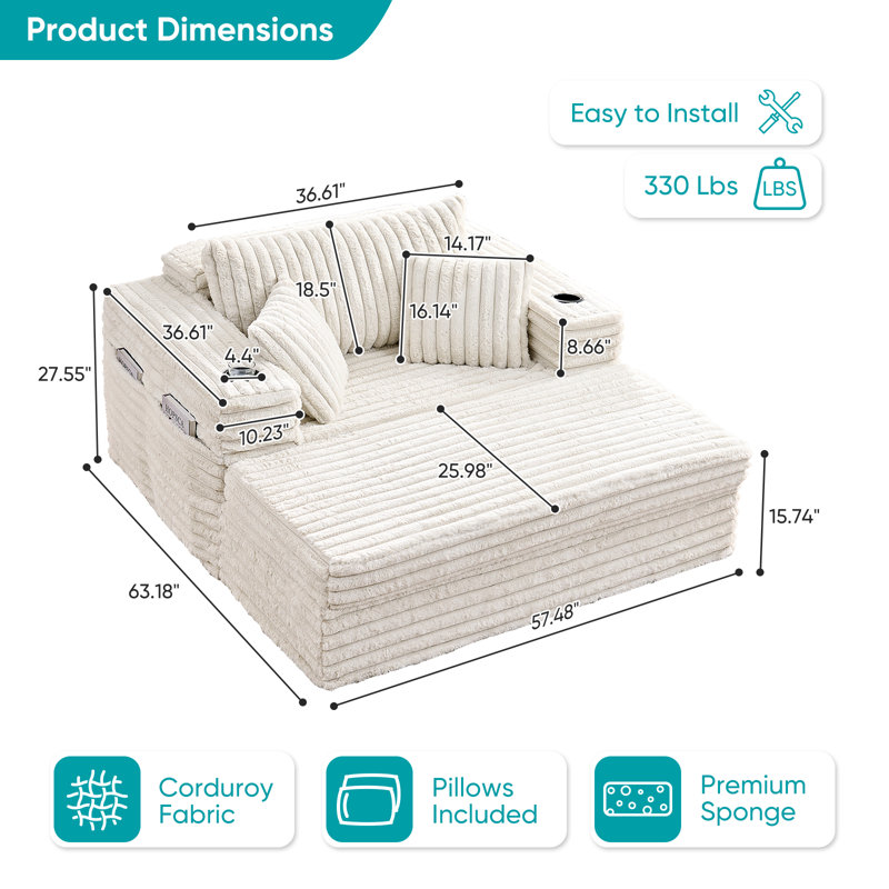 Canapé 63 po en velours côtelé 63 po avec porte-gobelets et coussins, 330 lb, Beige