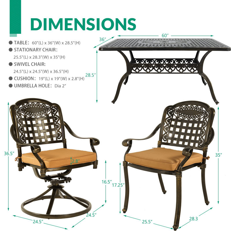 6 - Person Patio Dining Set Umbrella Hole Included Rectangular Table with Cushions Included, Khaki