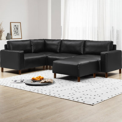 Modern Modular U-Shaped Sectional Sofa, 5-Piece Breathable PU Leather Couch Corner Sofa with Ottoman, Solid Wood Frame & High-Resilience Foam for Living Room