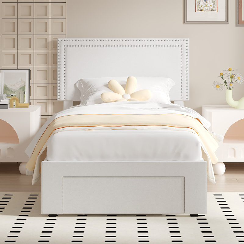 Twin Size Bed with 1 Storage Drawers Upholstered Platform Bed Adjustable with Nailhead Trim Headboard Wooden Slats Support Bed Frame