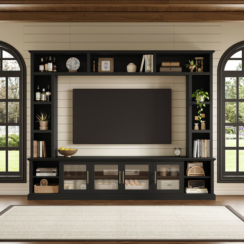 Meuble audio-vidéo moderne tout-en-un avec tablettes et portes en verre trempé, Black