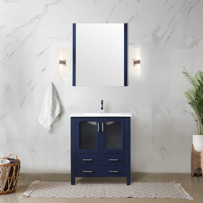 30 In. Wide, Navy Blue, Wood Vanity, Bathrooms, Scratch - White Ceramic Counter, Faucet, 28 Beveled Mirror Bathroom, Stain Top, Hanging