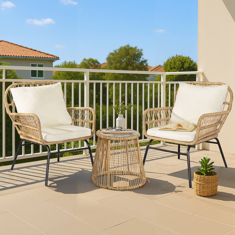 2 - Person Boho Patio Wicker Seating Group Dining Set with Cushions Rattan Bistro Set with Round Table