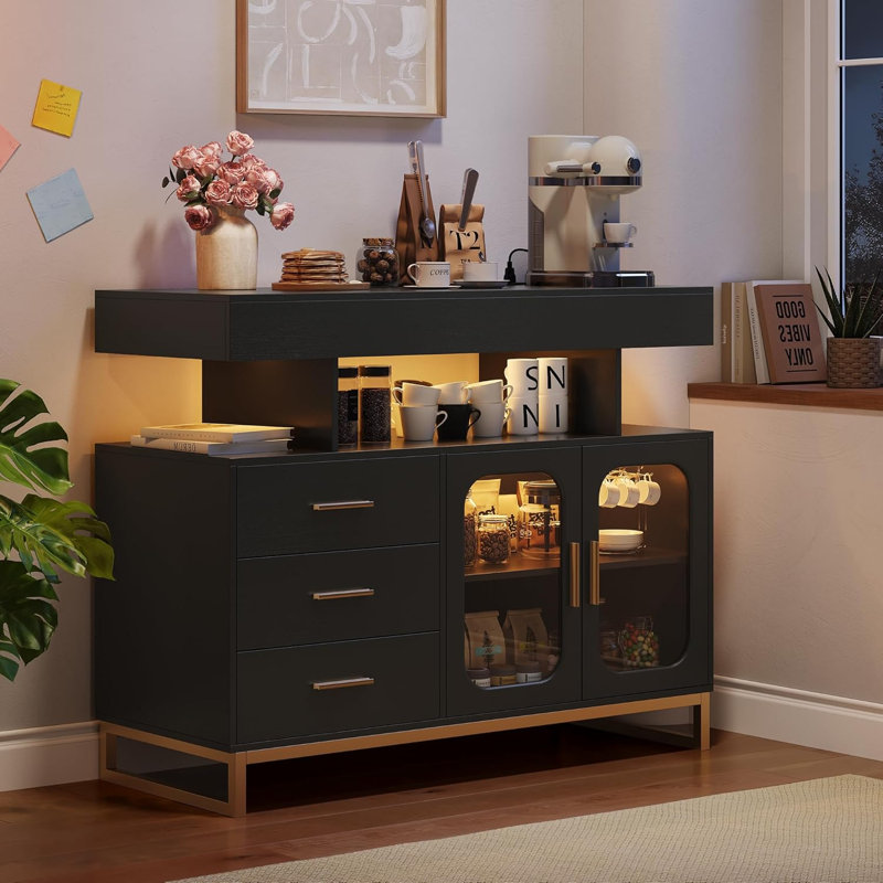 Buffet à DEL avec rangement, buffet à intensité variable avec lumière RVB, armoire à café avec ports et prises USB