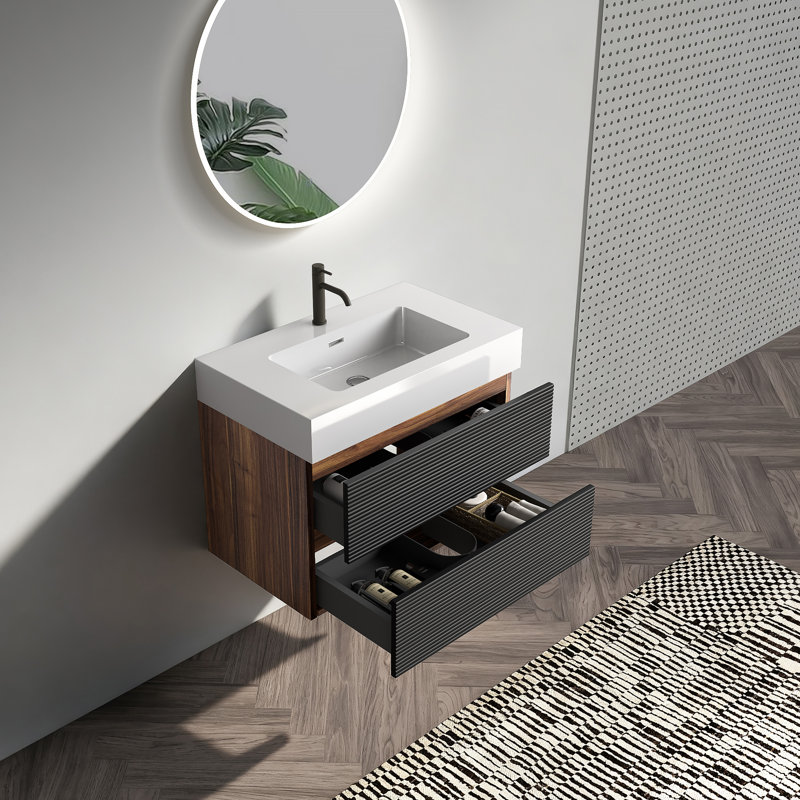 Meuble-lavabo mural 30 po avec lavabo en quartz d'ingénierie et tiroirs noirs doux, meuble-lavabo mural flottant pour salle de bain moderne, une pièce blanc brillant
 Bassin, KD